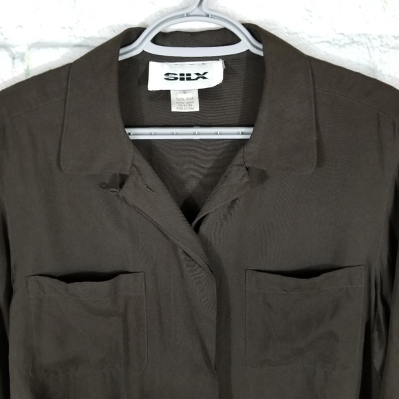 SILX 100% Silk Dark Brown Button Down Shirt - Picture 6 of 7